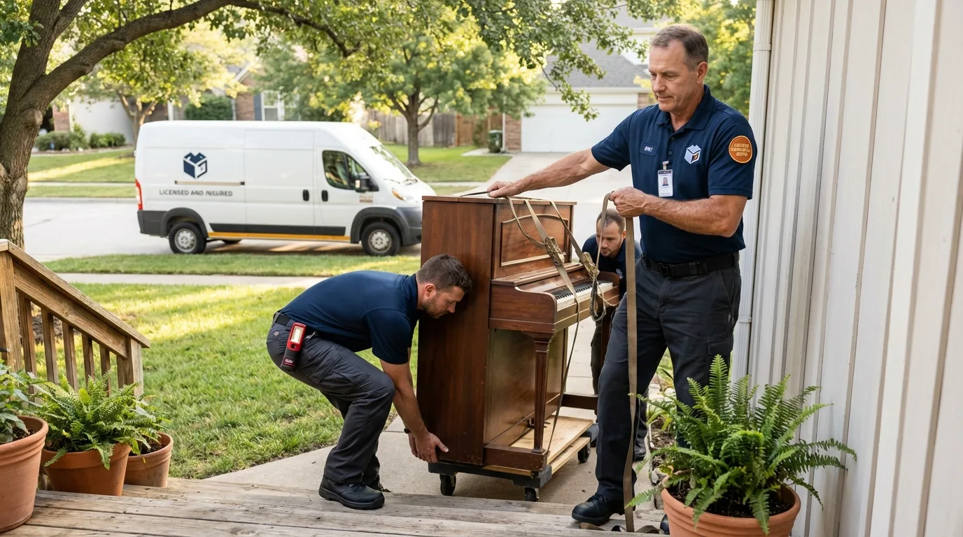 Licensed piano movers securing grand piano in Oran, MO