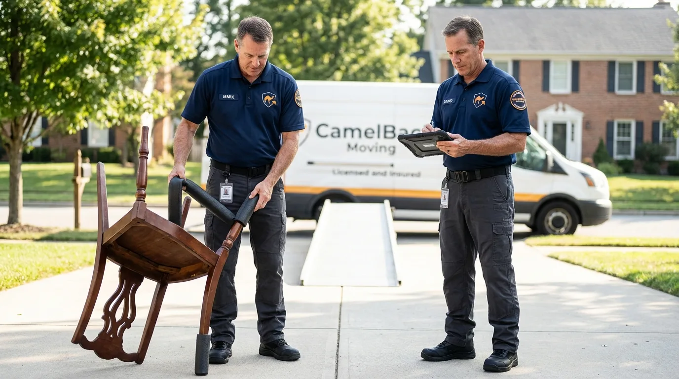Movers inspecting furniture for damage prevention before loading in Oran, MO
