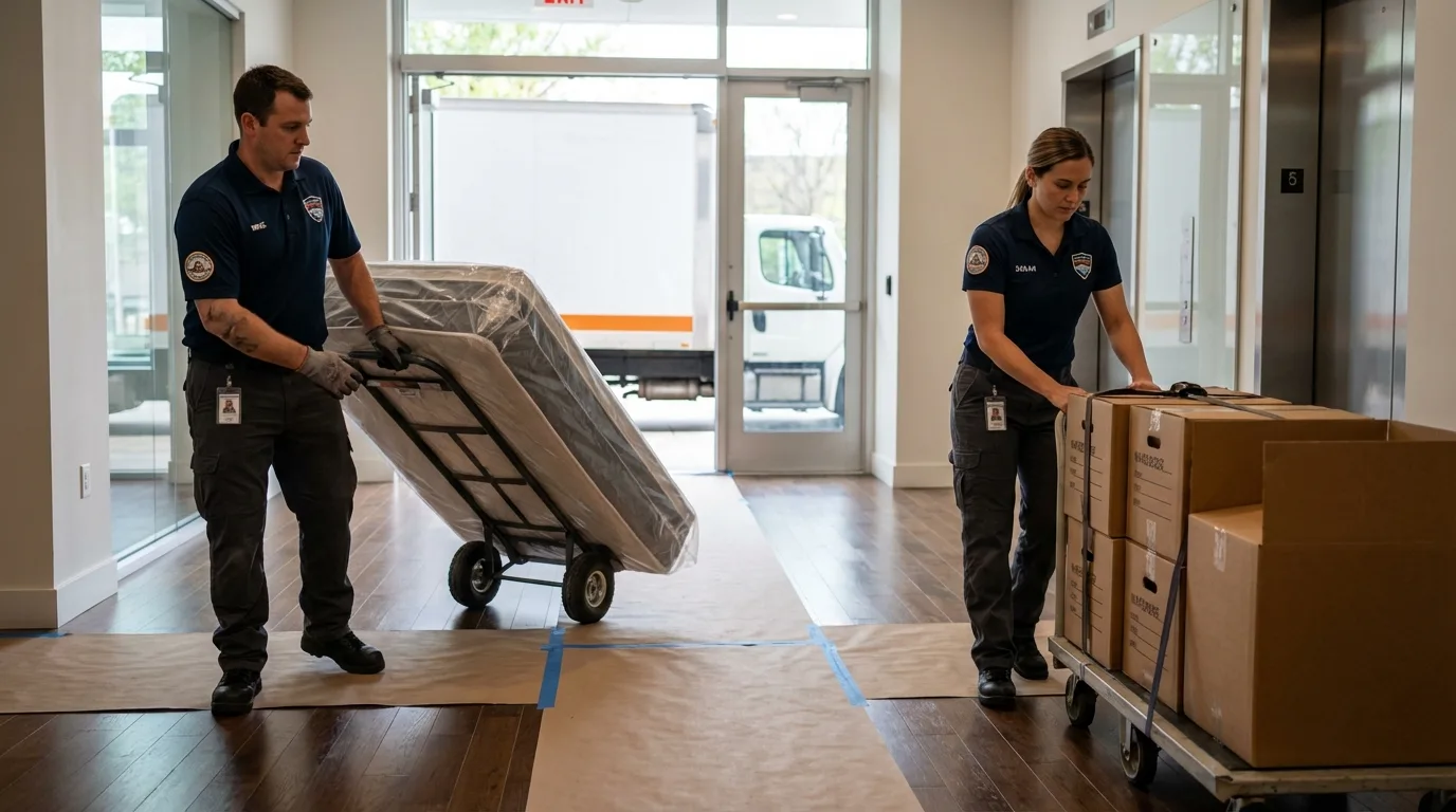Professional apartment movers loading elevator in Oran, MO
